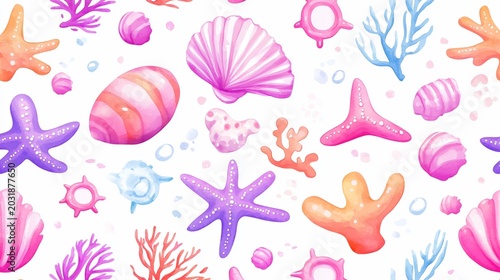 Seamless Pattern of Cute Cartoon Sea Creatures and Corals, Watercolor Style