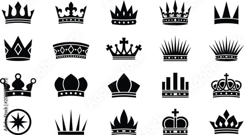Photos Royal crown black silhouette vector icon set, vintage king and queen tiara symbols, majestic emperor authority rewards, luxury empire luxury graphic design elements
