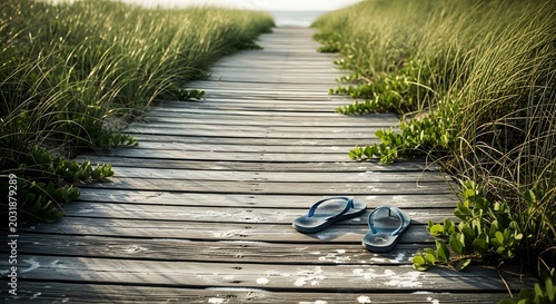 Blue flip flops on a weathered wooden boardwalk path to the beach