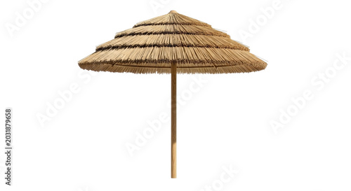 Natural thatched straw sun umbrella with layered conical standing solitary sunshade