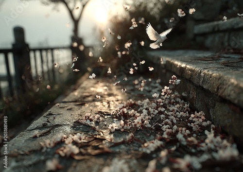 Enchanting scene of doves taking flight amidst cherry blossoms.