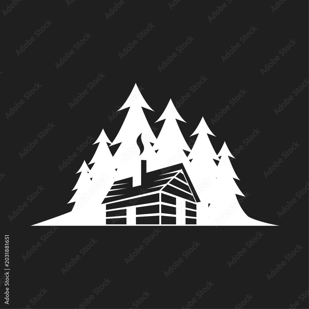 Fototapeta premium Minimalist Log Cabin in Pine Forest Silhouette with Chimney Smoke. Wilderness Nature Home Icon Logo Design.