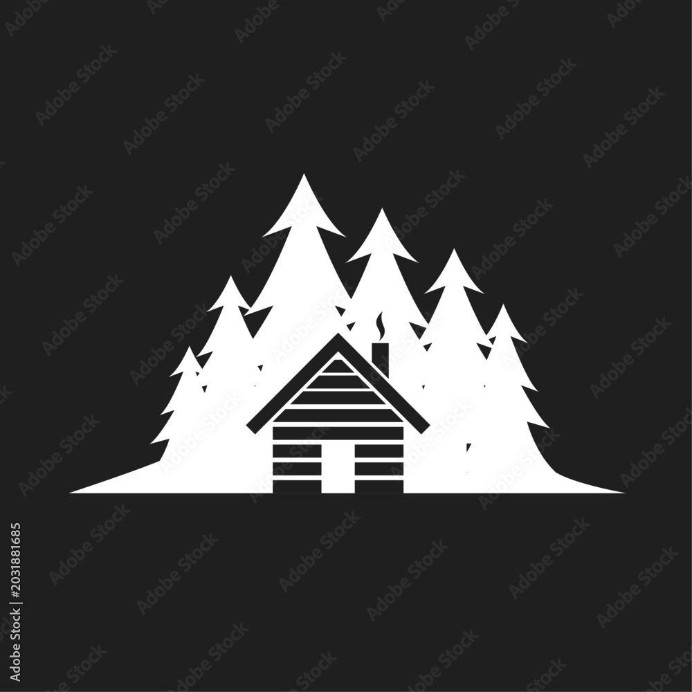 Fototapeta premium Minimalist Log Cabin in Pine Forest Silhouette Icon with Smoke - Rustic Woodland Retreat Graphic Vector