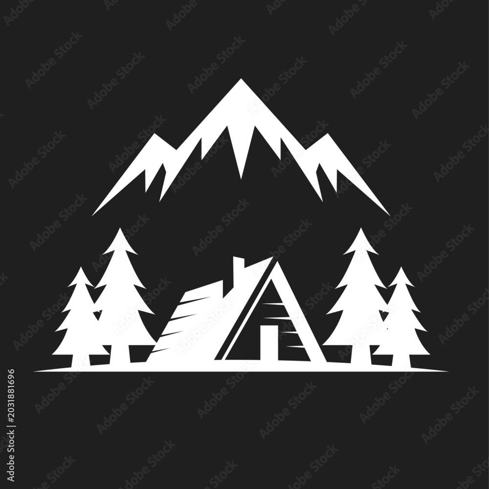 Obraz premium Mountain Cabin and Pine Forest Landscape Silhouette Vector Logo