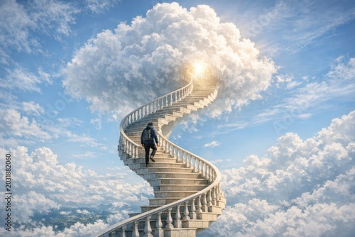 A person climbing a winding staircase leading into the clouds