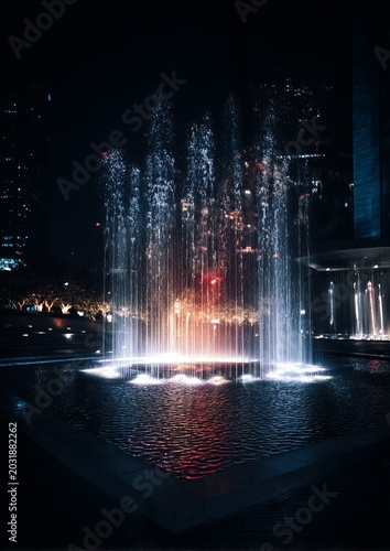 Illuminated fountain at night creates a mesmerizing water display.