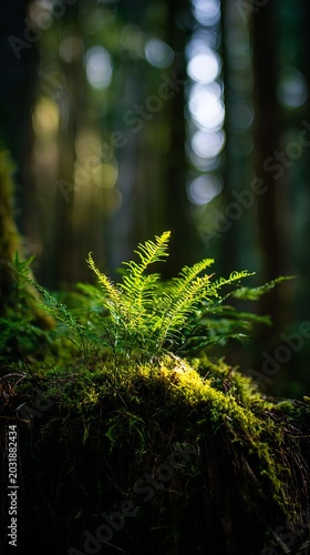 Lush Green Ferns and Moss in a Tranquil Forest Setting.