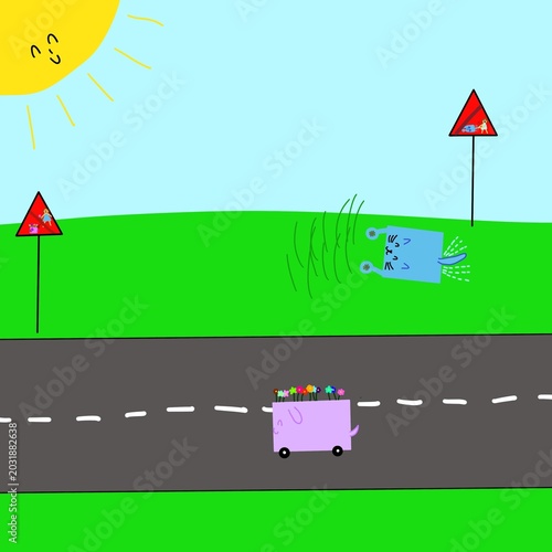 Funny cartoon road scene with cute square cat and dog cars, kids drawing style road safety illustration