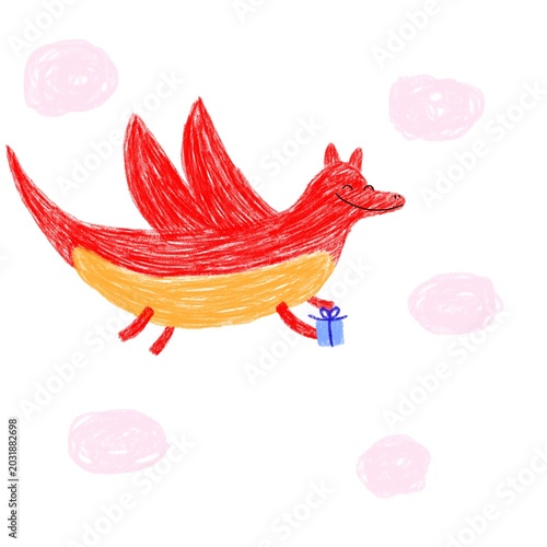 Cute red dragon flying in the sky with gift box, kids crayon drawing style illustration