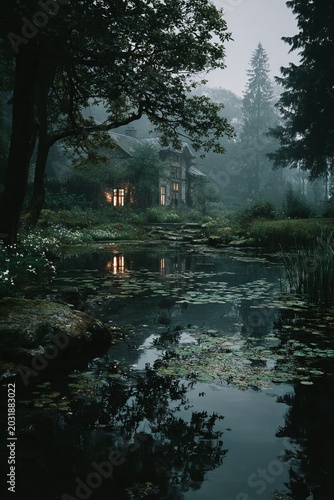 Mystical Forest Retreat - A Serene Lakeside Cabin in Misty Woods.