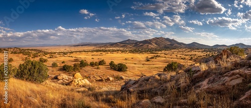 Panoramic vista of a golden prairie landscape under a cloudy sky.