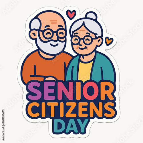 Happy elderly couple smiling together in a colorful vector sticker design celebrating senior citizens day with vibrant heart graphic icons
