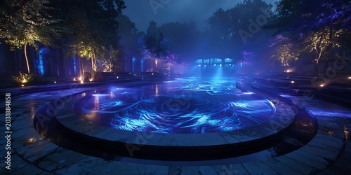 Serene Nighttime Pool Scene with Blue Lighting and Lush Foliage.
