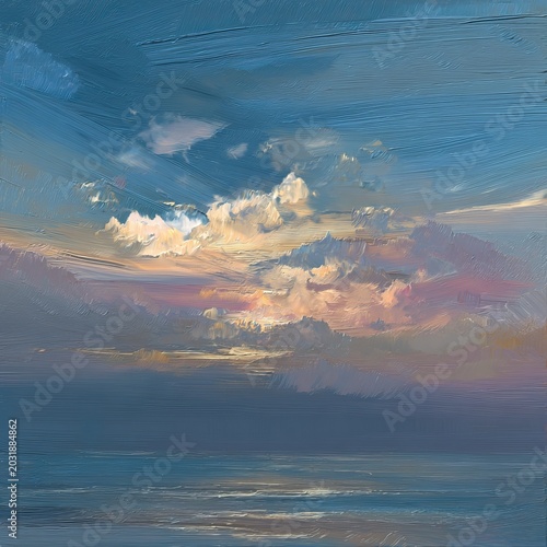 Serene Ocean Vista - An Impressionistic Painting of Clouds and Water.