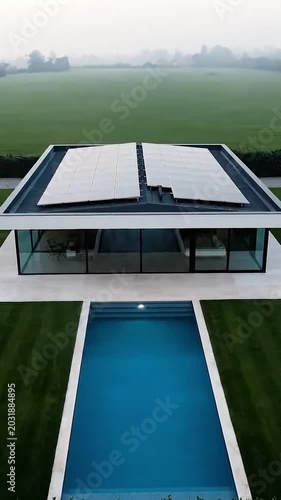 Modern Luxury Villa With Solar Panels and Steaming Swimming Pool At Sunset
