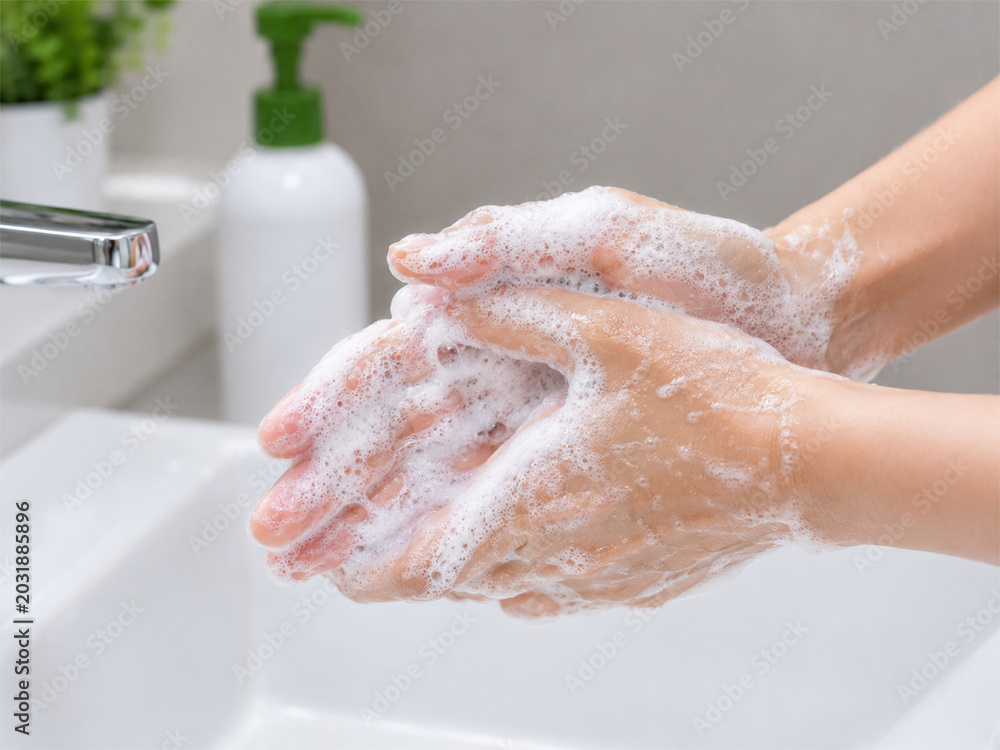 Fototapeta premium Rubbing hands of white soap suds and bubbles over a bathroom sink.