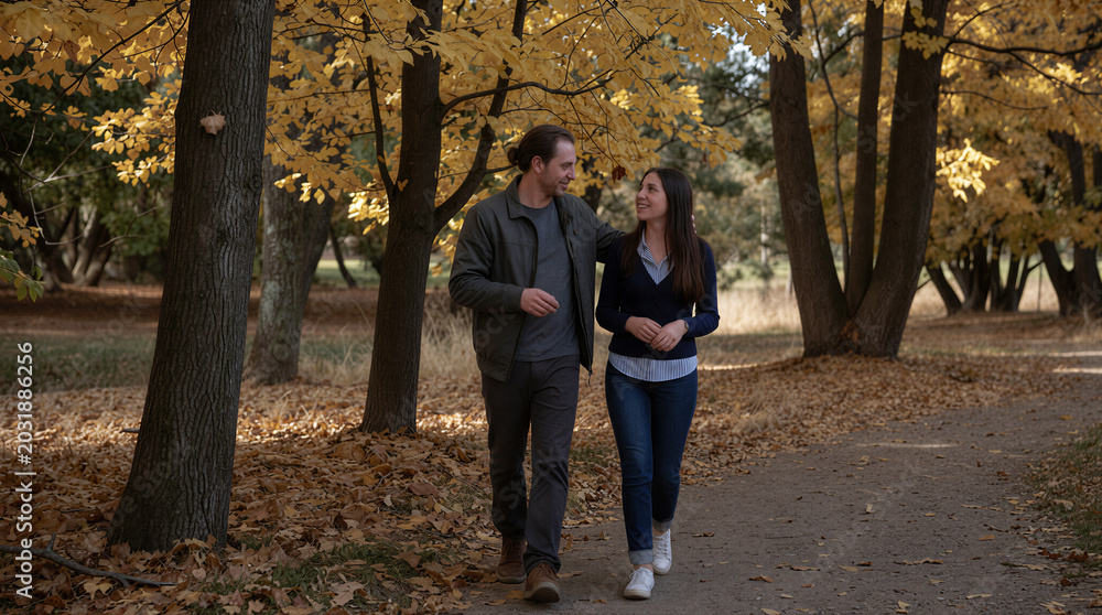 Fototapeta premium Two people walking outside in Autumn