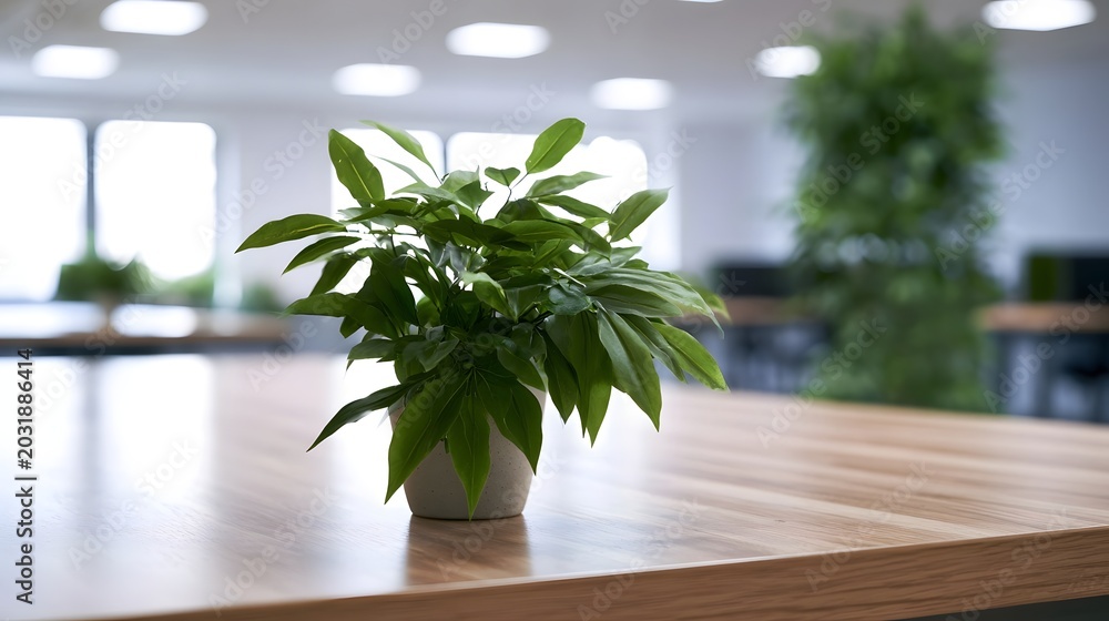 Fototapeta premium A potted plant sits on a surface in a bright modern indoor office environment