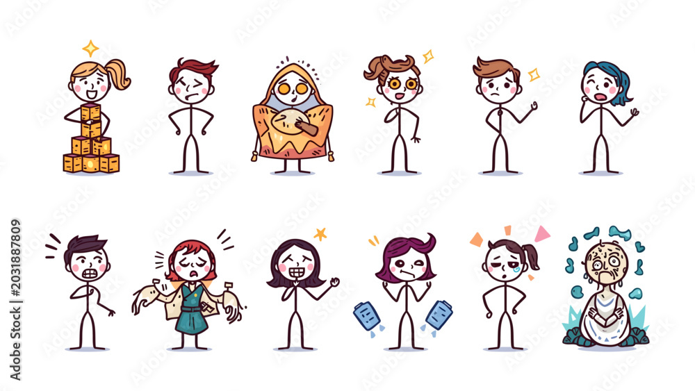 Fototapeta premium Set of People with Various Emotions: A collection of stylized stick figures expressing a wide range of human emotions from surprise and joy to bewilderment and shock, each uniquely illustrated.