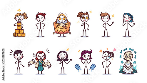 Bild auf Leinwand Set of People with Various Emotions: A collection of stylized stick figures expressing a wide range of human emotions from surprise and joy to bewilderment and shock, each uniquely illustrated