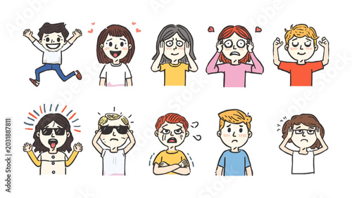 Photos Diverse Human Emotions: A collection of stylized cartoon characters express a spectrum of human emotions, from joy and excitement to frustration and disbelief