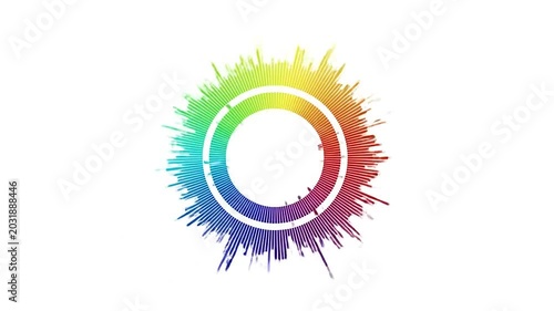 A vibrant circular sound wave spectrum on a white background
