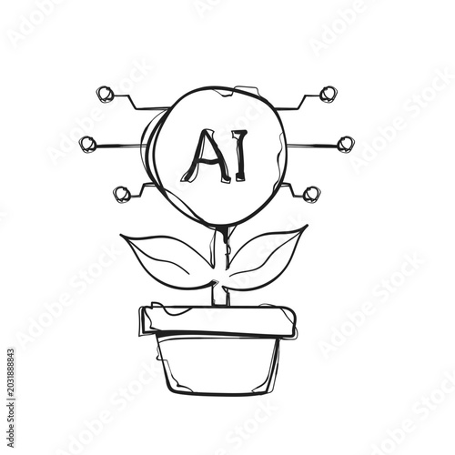 Cuadro en lienzo Hand Drawn AI Plant Flower Pot Growth Blue Sketch Vector Icon Technology Develop