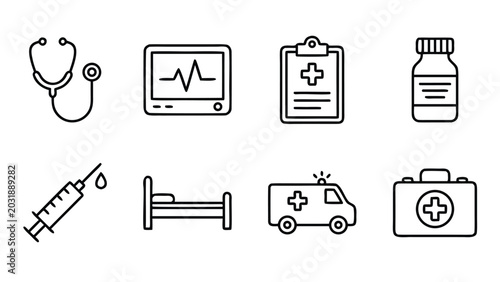 Set of 8 Minimalist Healthcare Line Icons Including Stethoscope, Heart Rate Monitor, Medical Clipboard, Pill Bottle, Syringe, Hospital Bed, Ambulance, and First Aid Kit for Medical Design Projects.