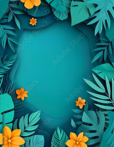Tropical leaves and flowers frame paper craft on teal background