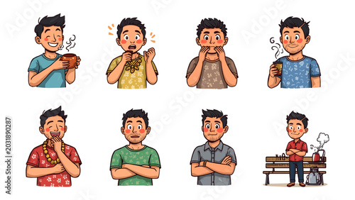 Tableau sur toile Eight Emotions of a Young Man: A set of illustrations depicting a young man experiencing a range of emotions, from happiness and surprise to contentment and contemplation