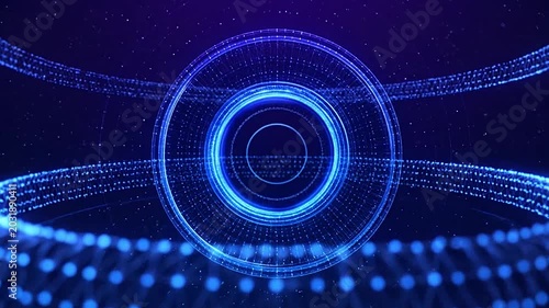 A glowing blue digital circle interface floats in dark space
