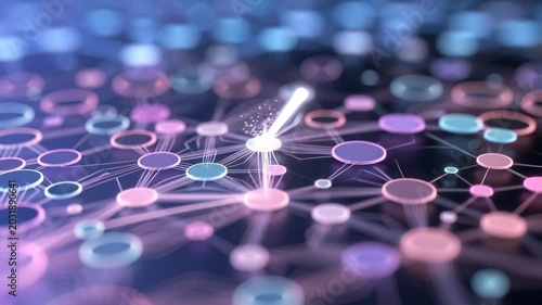 Colorful connected nodes in abstract style on dark background showing concept of communication and data links