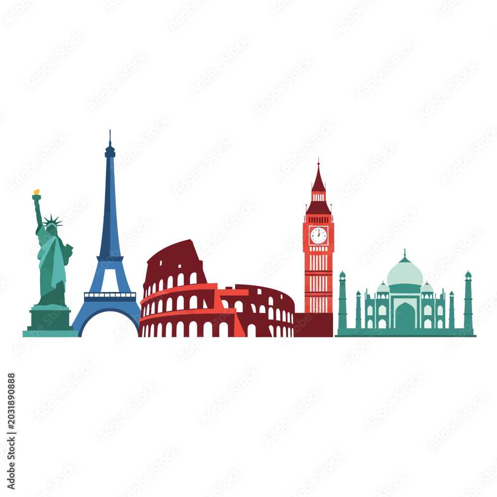 Naklejka premium Famous Landmarks Skyline: Travel and Tourism Silhouette Illustration