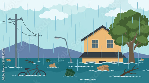 Obraz na plátně Vector illustration of flooded street and house during heavy rainfall
