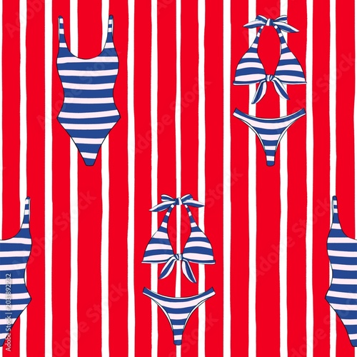 Seamless summer pattern blue swimsuit red background 