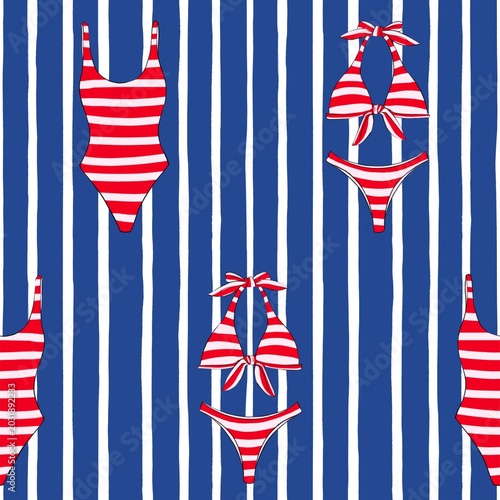 Seamless summer pattern red swimsuit blue background 