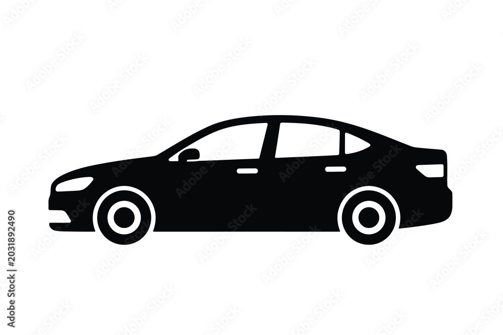 Fototapeta premium Black sedan car vector illustration. Passenger automobile side view silhouette.