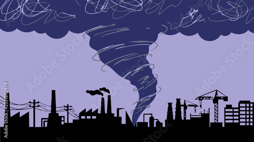 Canvas Print Powerful tornado threatening an industrial city skyline under a stormy sky