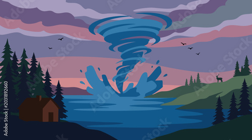 Photos Dramatic Waterspout Illustration Over Lake with Forest, Cabin, and Deer at Dusk