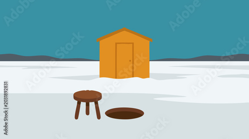 Photos Minimalist illustration of ice fishing shack and hole on a frozen lake