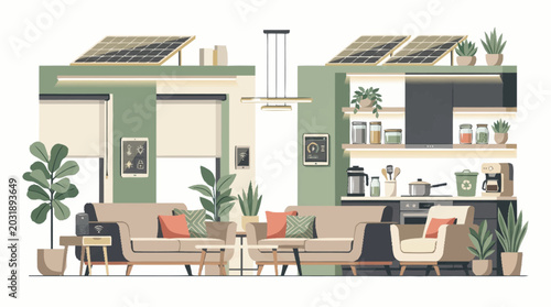 Bild auf Leinwand Modern eco-friendly apartment interior with solar panels and plants
