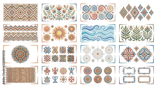 Colorful ethnic ornament set with tribal geometric motifs, floral patterns, waves, borders, frames, sun symbols and traditional decorative elements