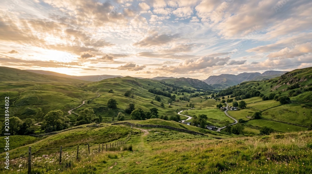 Obraz premium Breathtaking Rolling Hills Landscape at Golden Hour with Scenic Roads