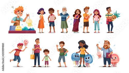 Photos Festival Fun and Frolic: A vibrant illustration of diverse people enjoying a festive street market, carrying colorful lanterns, exotic fruits, and playful souvenirs