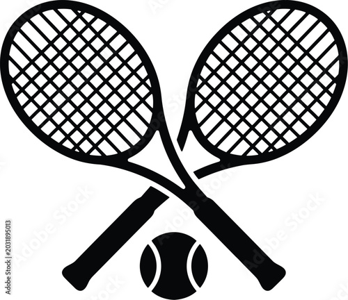 Silhouette of tennis rackets and ball in crossed position for sports illustration