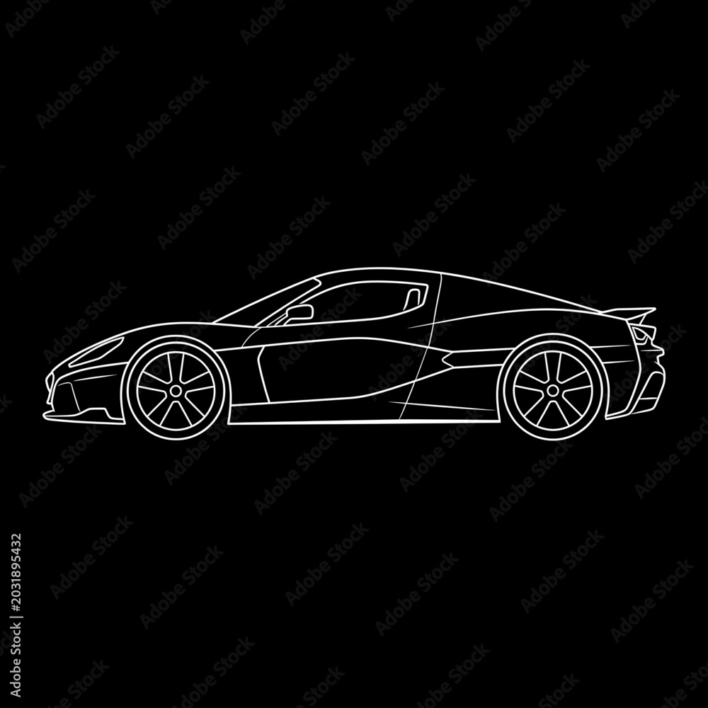 Naklejka premium Minimalist Futuristic Sports Car Side Profile White Line Art Black Background 
