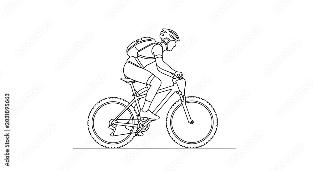 Obraz premium Line art illustration of a person cycling on a mountain bike, wearing a helmet and backpack