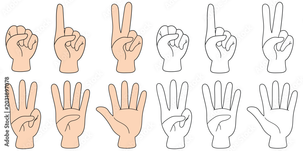 Fototapeta premium Hand-drawn cartoon and doodle set of hand gestures on a white background.