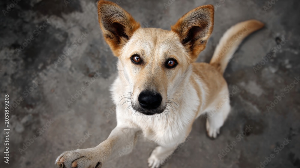 Fototapeta premium Playful Dog Reaching Out with Paw Against a Neutral Background