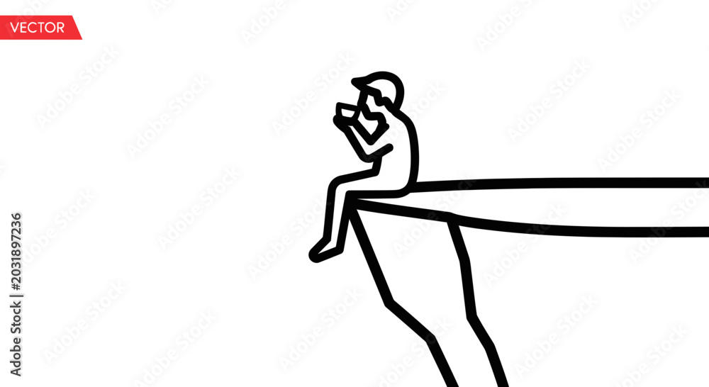 Fototapeta premium Man sitting on cliff edge drinking coffee, contemplation, solitude, risk, danger